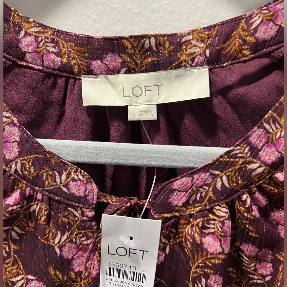 NWT LOFT|Burgundy Floral Peasant Blouse|Size L - Picture 4 of 6